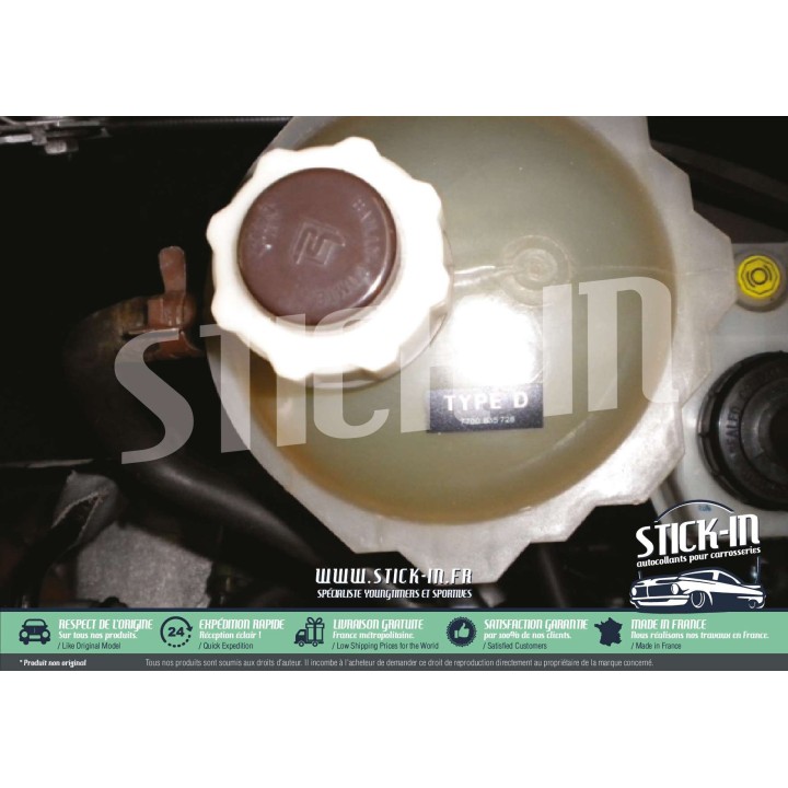 Foto che mostra la posizione dell'etichetta di tipo D per il serbatoio del liquido di raffreddamento nel vano motore di una Rena