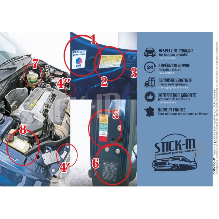 photos emplacement 9 autocollants stickers compartiment moteur et intérieur porte conducteur Renault Clio Williams 16S 16V