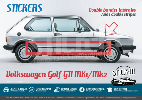Stickers Autocollants Bandes Latérales Bas de Caisse VW Volkswagen Golf 1 et 2 GTI