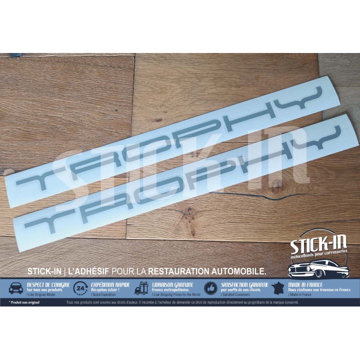 2 Autocollants Stickers "TROPHY" Bas de Caisse Blanc ou Gris Argent (Au Choix) - Renault Clio 2 RS Trophy