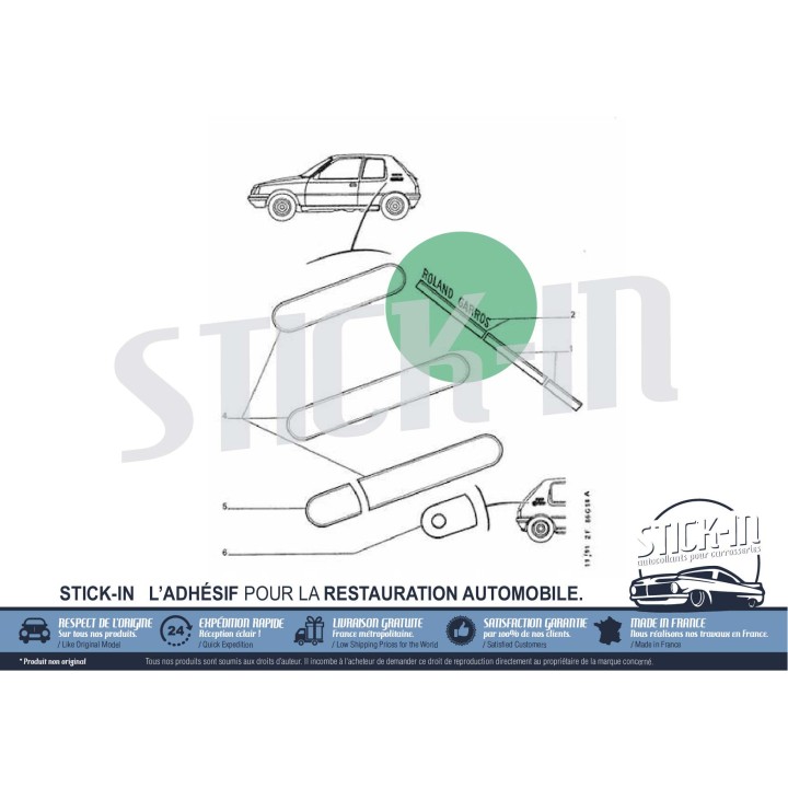 2 "Roland Garros Paris" stickers, 2 lines, front wings, left + right - Peugeot 205 Roland Garros (including convertible)