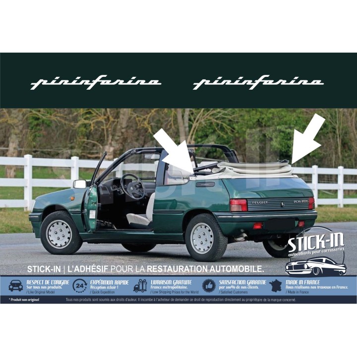 2 adesivi bianchi "Pininfarina", adesivi monogramma per i pannelli laterali posteriori sinistro e destro - Peugeot 205 Roland Ga