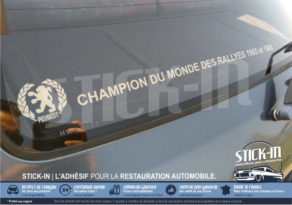 Autocollant "Champion du monde des rallyes 1985 et 1986" de lunette arrière - Peugeot 205