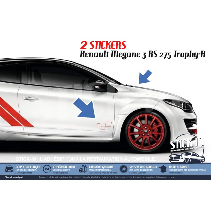 2 pegatinas a cuadros para puertas (lado izquierdo + lado derecho) rojas - Renault Megane 3 RS TROPHY-R 275