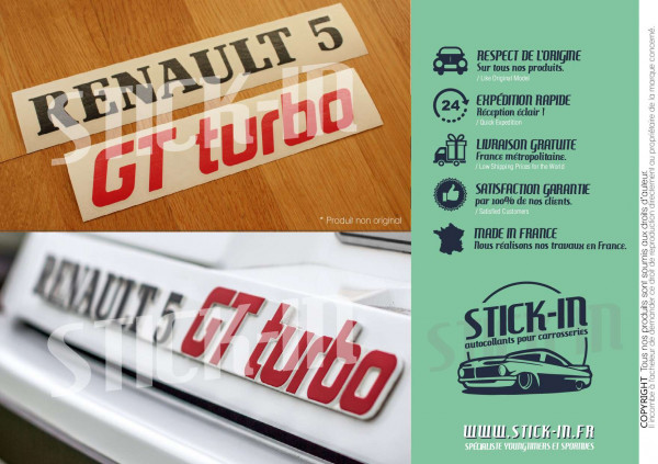 Renovation Logos Badges Monogrammes Arrières Renault 5 GT Turbo R5 GTT Noir & Rouge - Autocollants Stickers