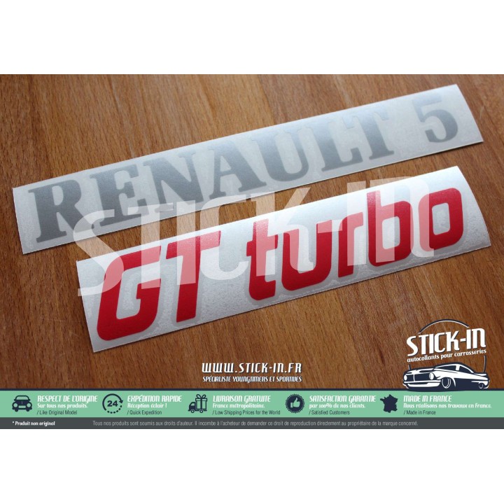Renovation Logos Badges Monogrammes Arrières Renault 5 GT Turbo R5 GTT Gris Argent & Rouge - Autocollants Stickers