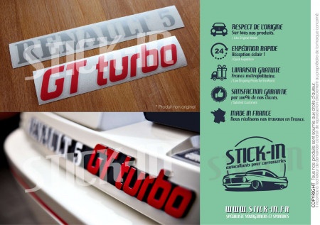 Erneuerung der Logos, Embleme und Monogramme für das Heck des Renault 5 GT Turbo R5 GTT in Silber und Rot – Aufkleber