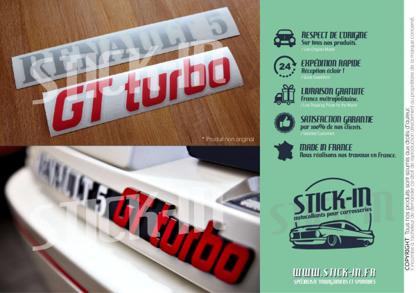 Erneuerung der Logos, Embleme und Monogramme für das Heck des Renault 5 GT Turbo R5 GTT in Silber und Rot – Aufkleber