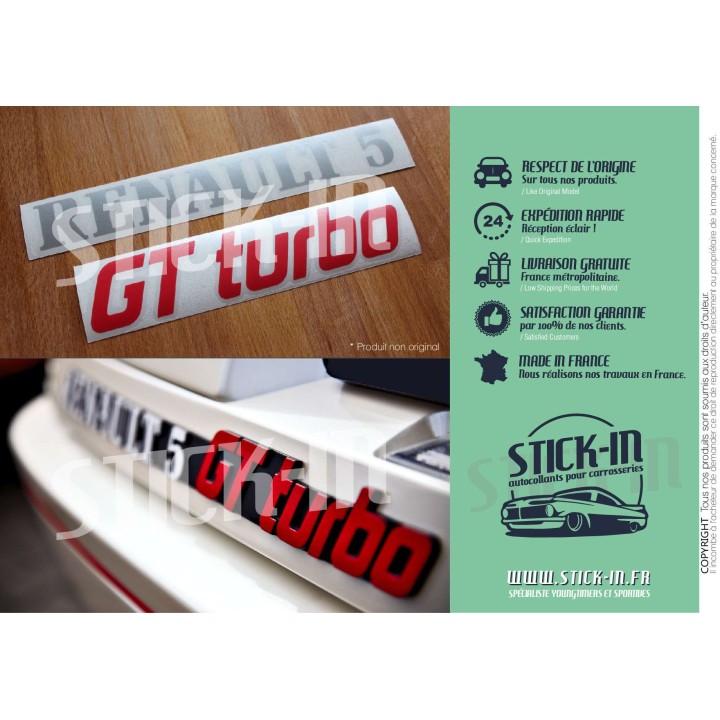 Renovation Logos Badges Monogrammes Arrières Renault 5 GT Turbo R5 GTT Gris Argent & Rouge - Autocollants Stickers