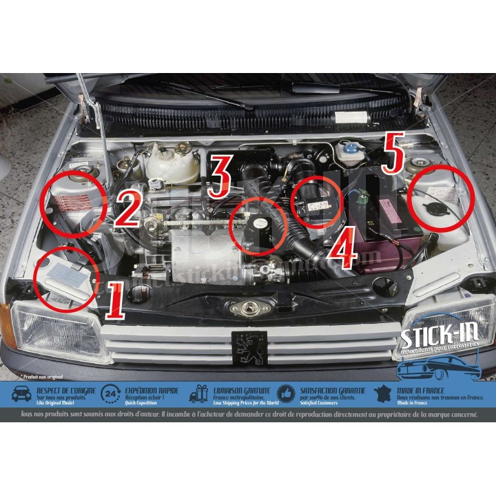 5 Autocollants Stickers Peugeot 205 GTI 1.6 1.9 Compartiment Moteur